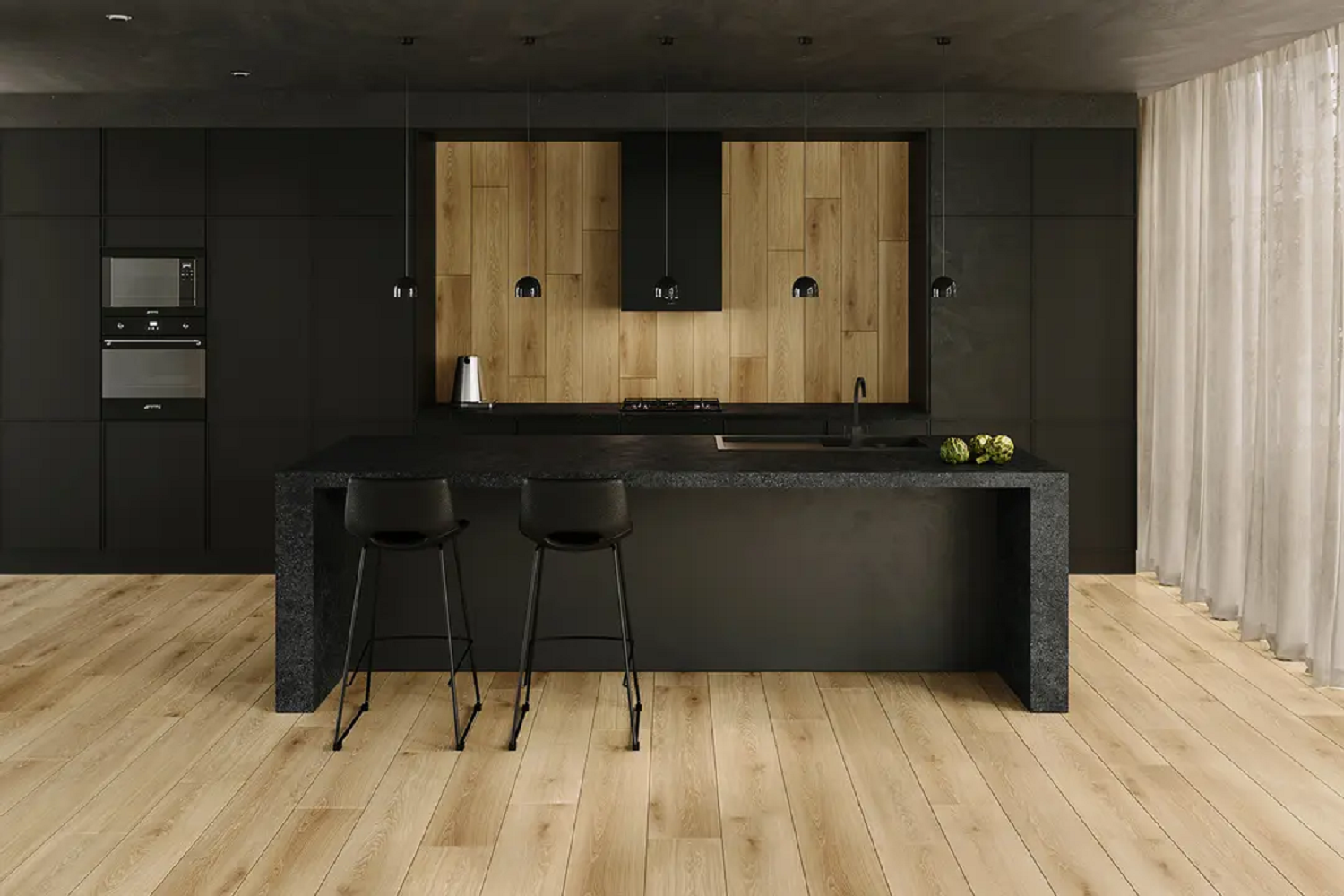 Nowoczesna kuchnia o czarnym i drewnianym wykończeniu